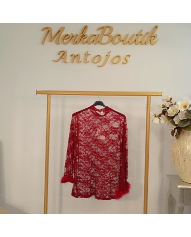 Blusa Transparente PLUMA | Encaje Rojo y Cuello Alto | Antojos