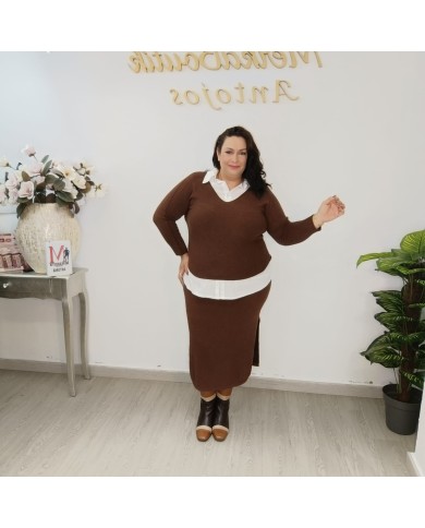 Conjunto Punto Falda V - Midi Jersey Oversize - Burdeos y Camel Conjunto Punto Falda V - Midi Jersey Oversize - Burdeos y Camel