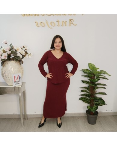 Conjunto Punto Falda V - Midi Jersey Oversize - Burdeos y Camel