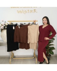 Conjunto Punto Falda V - Midi Jersey Oversize - Burdeos y Camel