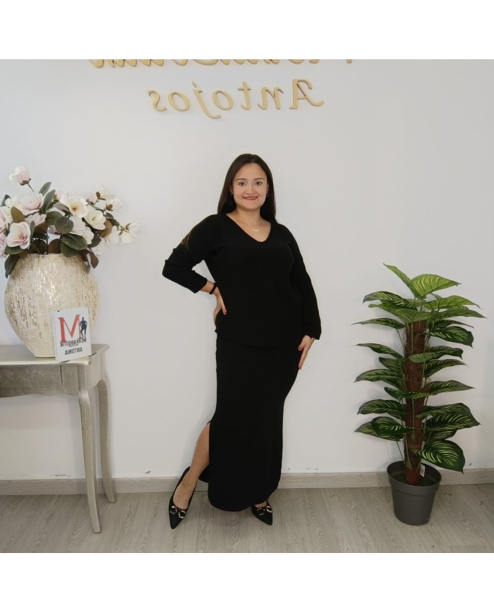 Conjunto Punto Falda V - Midi Jersey Oversize - Burdeos y Camel