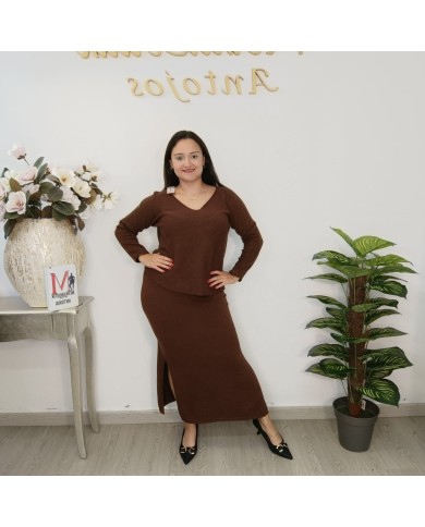 Conjunto Punto Falda V - Midi Jersey Oversize - Burdeos y Camel