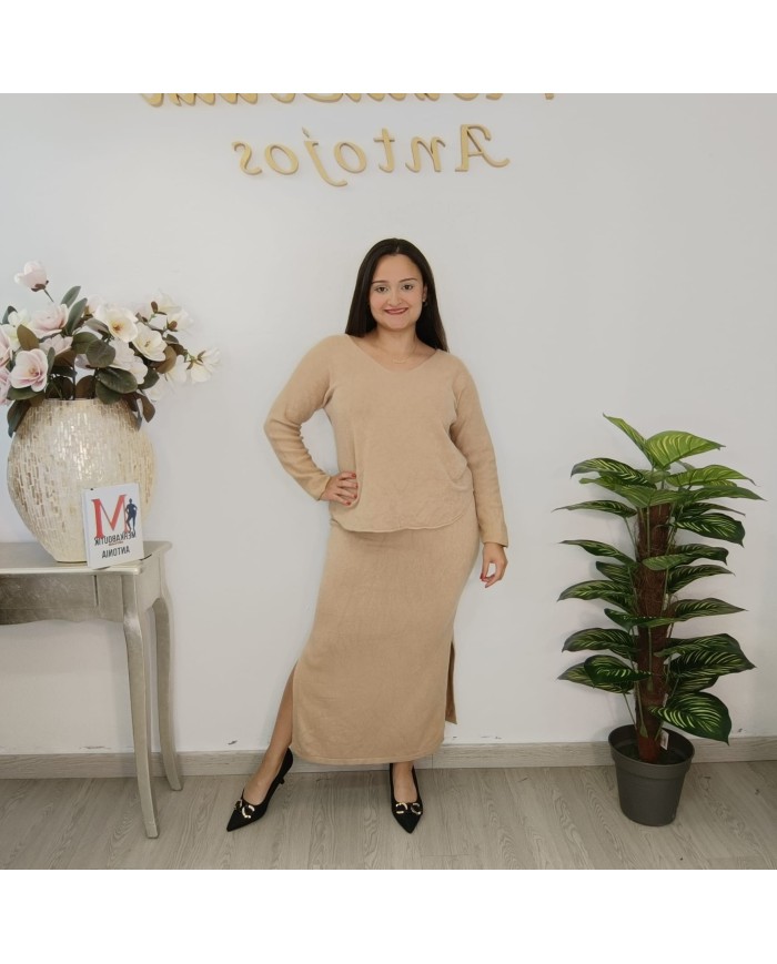 Conjunto Punto Falda V - Midi Jersey Oversize - Burdeos y Camel
