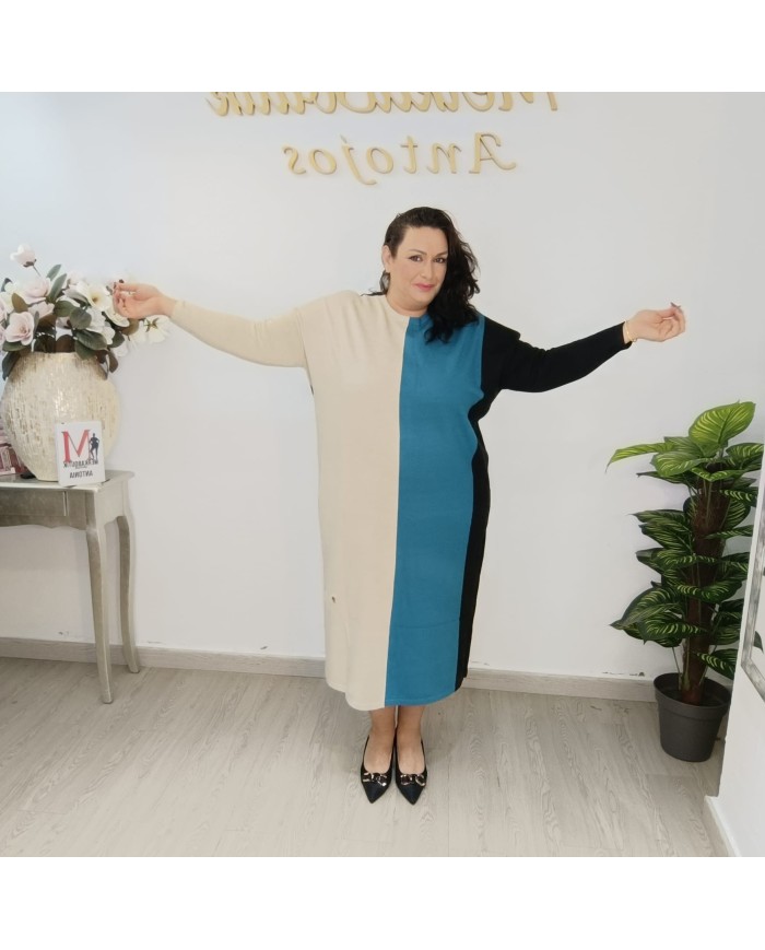 Vestido Punto Adara - Color Block Círculos - Cuello Alto