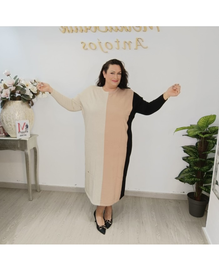 Vestido Punto Adara - Color Block Círculos - Cuello Alto