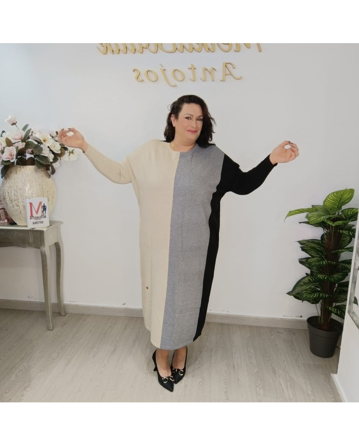 Vestido Punto Adara - Color Block Círculos - Cuello Alto