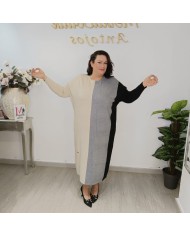 Vestido Punto Adara - Color Block Círculos - Cuello Alto