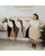 Vestido Mariana Punto Color Block - Túnica Asimétrica - Beige Negro