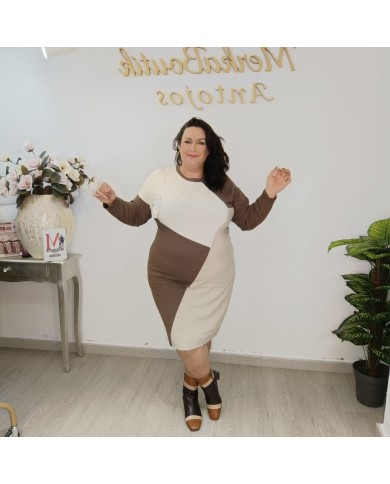 Vestido Mariana Punto Color Block - Túnica Asimétrica - Beige Negro