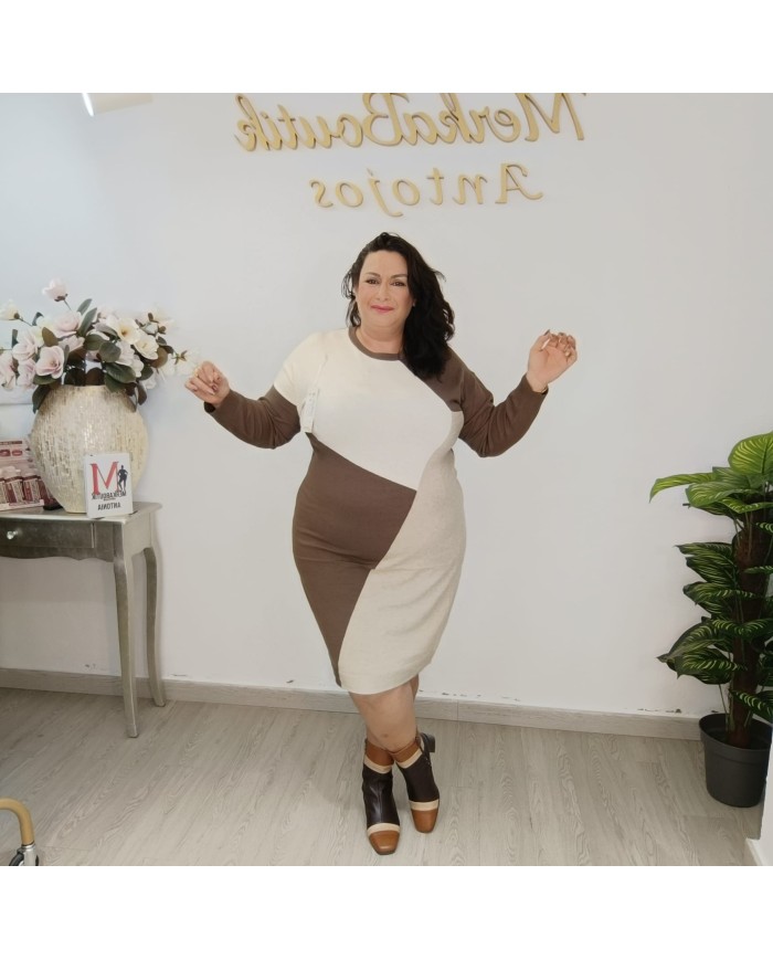 Vestido Mariana Punto Color Block - Túnica Asimétrica - Beige Negro