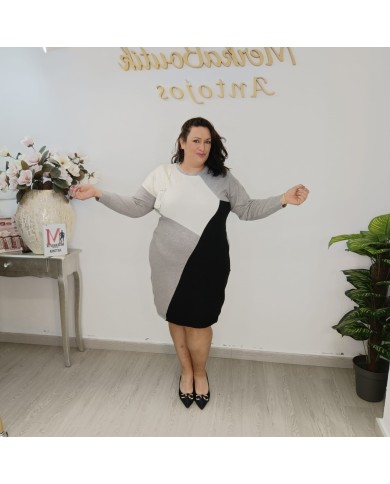 Vestido Mariana Punto Color Block - Túnica Asimétrica - Beige Negro