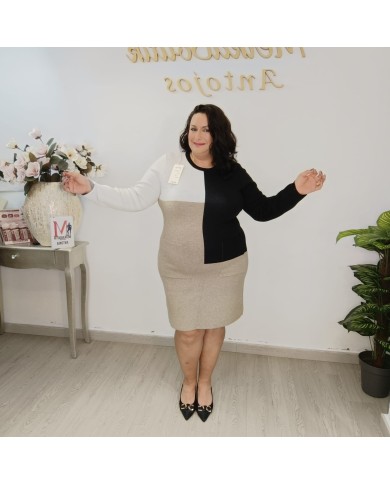 Vestido Mixto Punto Colour Block - Talla Grande Bolsillos