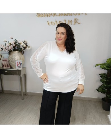 Camiseta Canalé Encaje | Blusa Elegante Escote V | MerkaBoutik