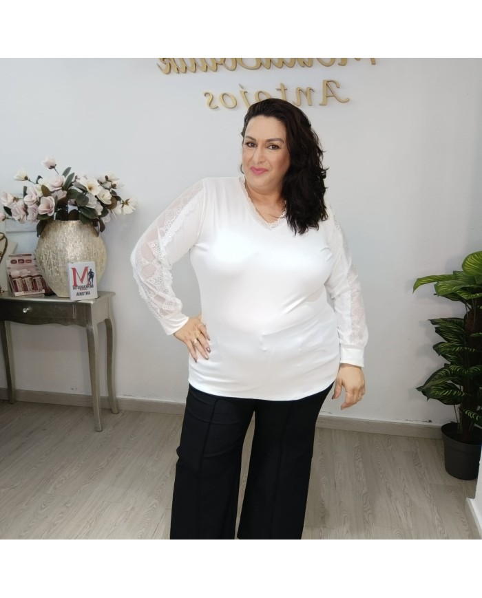 Camiseta Canalé Encaje | Blusa Elegante Escote V | MerkaBoutik