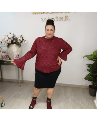 Blusa Encaje Volante - Manga Larga - Negro Burdeos - Fiesta