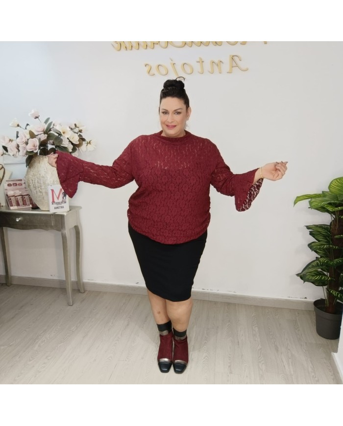 Blusa Encaje Volante - Manga Larga - Negro Burdeos - Fiesta