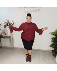 Blusa Encaje Volante - Manga Larga - Negro Burdeos - Fiesta