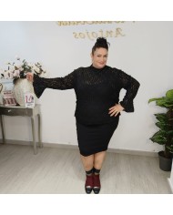 Blusa Encaje Volante - Manga Larga - Negro Burdeos - Fiesta