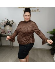 Blusa Encaje Volante - Manga Larga - Negro Burdeos - Fiesta