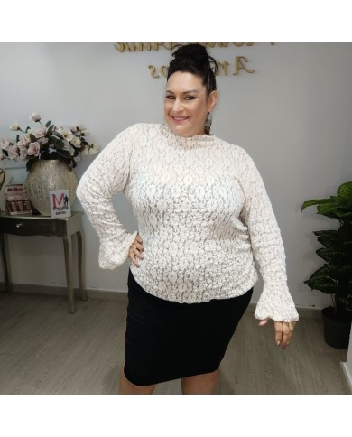 Blusa Encaje Volante - Manga Larga - Negro Burdeos - Fiesta