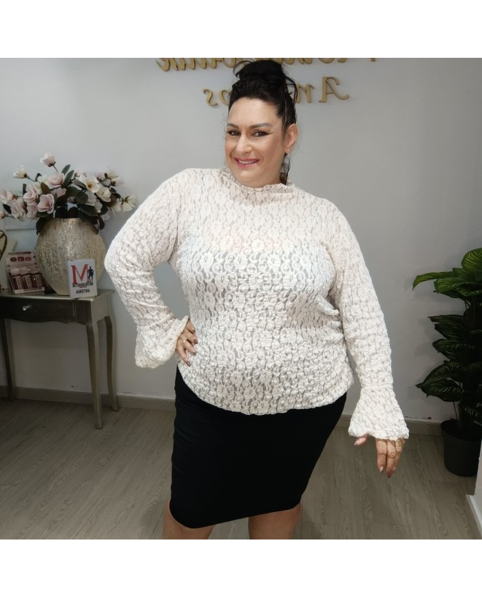 Blusa Encaje Volante - Manga Larga - Negro Burdeos - Fiesta