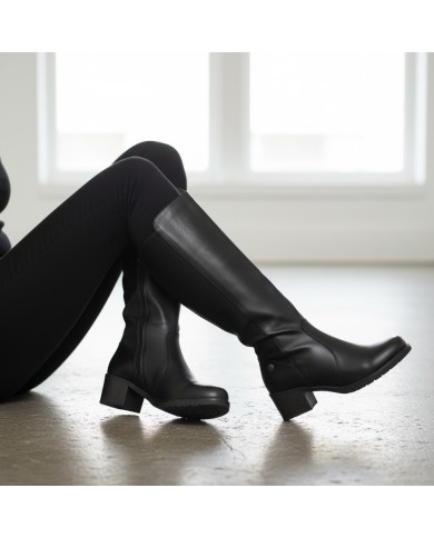 Bota Sol Negra - Caña Alta Tacón Bloque - Ajustable y Cómoda