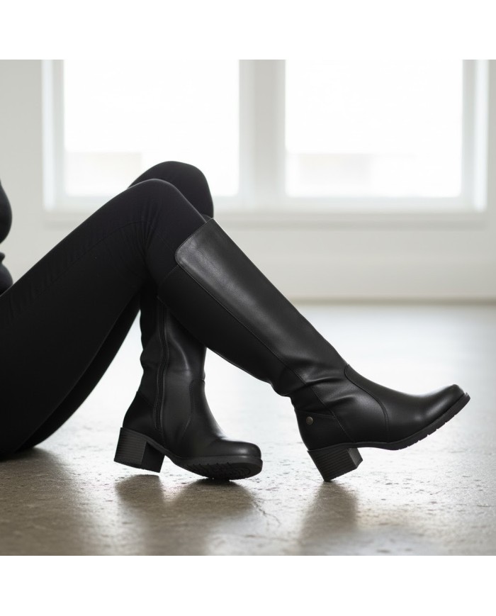 Bota Sol Negra - Caña Alta Tacón Bloque - Ajustable y Cómoda