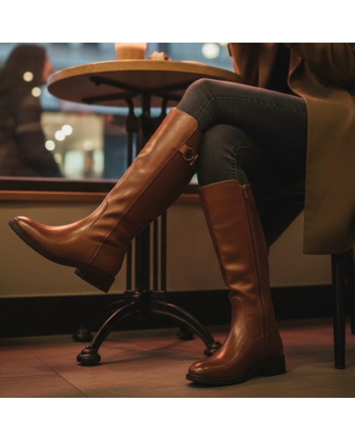 Bota Estrella Larga Clásica - Marrón - Estilo Ecuestre y Hebilla