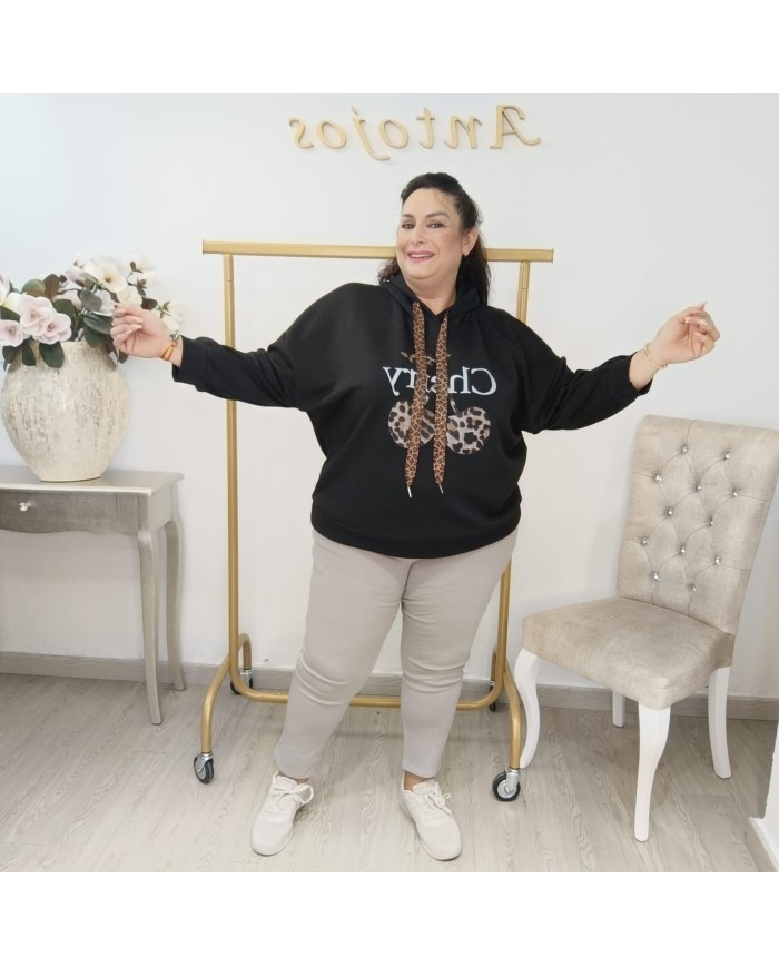 Sudadera Cherry Print Leopardo Oversize - Moda Mujer