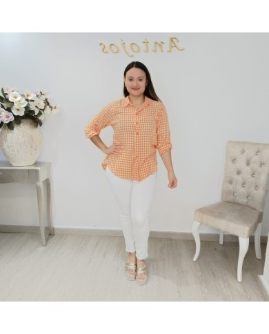Camisa Rocío Cuadros Vichy Naranja - Moda Verano Casual Camisa Rocío Cuadros Vichy Naranja - Moda Verano Casual