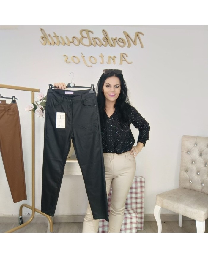 Pantalón Encerado Beige Tallas Grandes - Efecto Cuero Plus Size