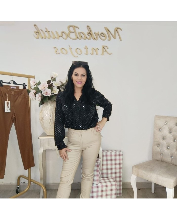 Pantalón Encerado Beige Tallas Grandes - Efecto Cuero Plus Size