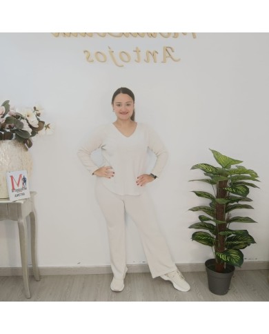 Conjunto Punto Pantalón V - Palazzo Oversize - Loungewear Beige Conjunto Punto Pantalón V - Palazzo Oversize - Loungewear Beige