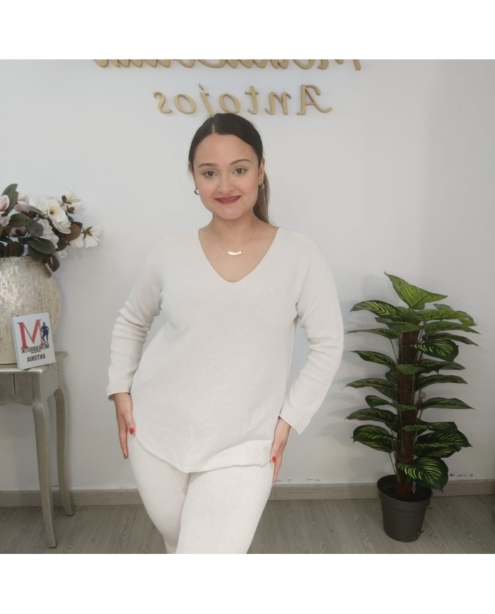 Conjunto Punto Pantalón V - Palazzo Oversize - Loungewear Beige