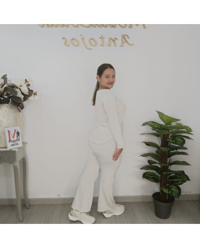 Conjunto Punto Pantalón V - Palazzo Oversize - Loungewear Beige