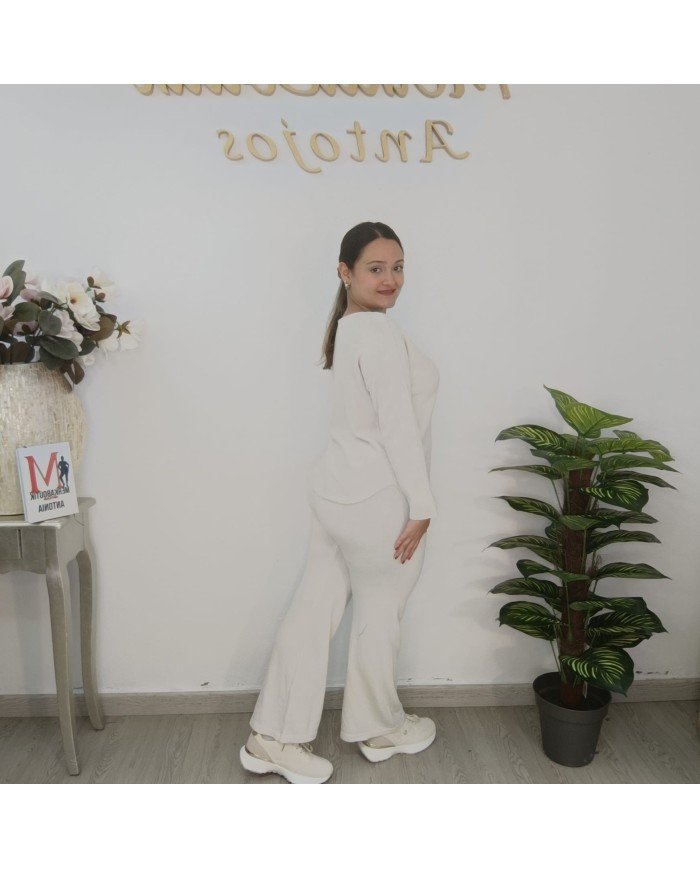 Conjunto Punto Pantalón V - Palazzo Oversize - Loungewear Beige