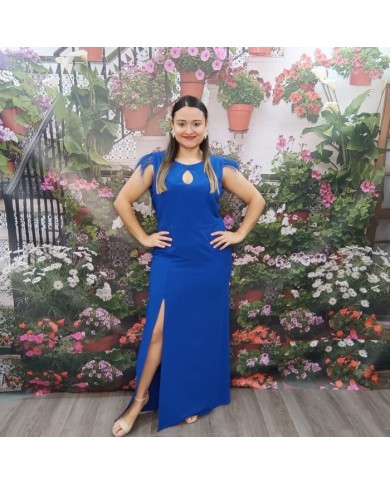 Vestido Lágrima Azul Eléctrico - Flecos y Abertura de Fiesta