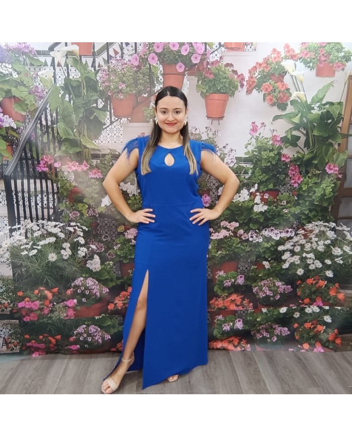 Vestido Lágrima Azul Eléctrico - Flecos y Abertura de Fiesta