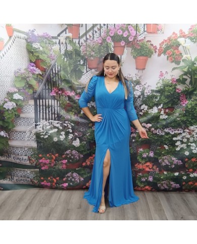 Vestido Cielo Fucsia Tallas Grandes - Drapeado y Manga de Tul