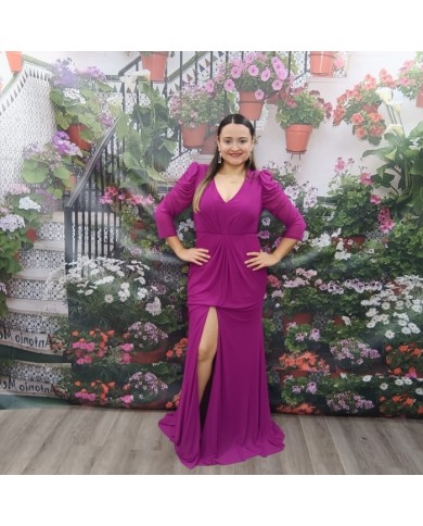 Vestido Cielo Fucsia Tallas Grandes - Drapeado y Manga de Tul