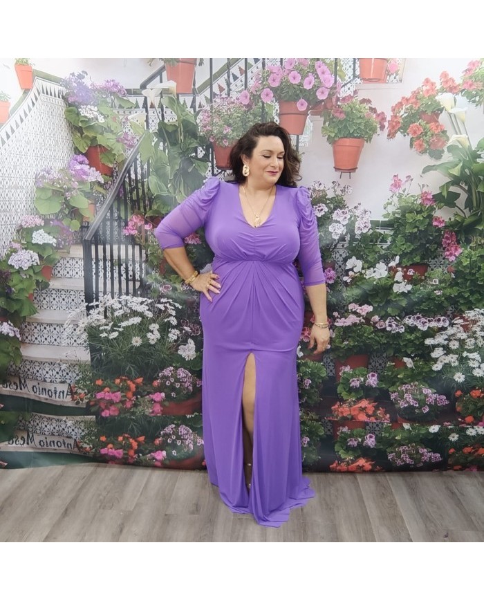 Vestido Cielo Fucsia Tallas Grandes - Drapeado y Manga de Tul