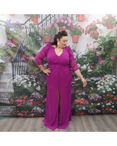 Vestido Cielo Fucsia Tallas Grandes - Drapeado y Manga de Tul
