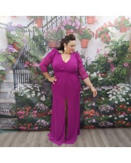 Vestido Cielo Fucsia Tallas Grandes - Drapeado y Manga de Tul