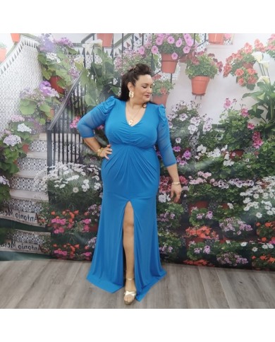 Vestido Cielo Fucsia Tallas Grandes - Drapeado y Manga de Tul