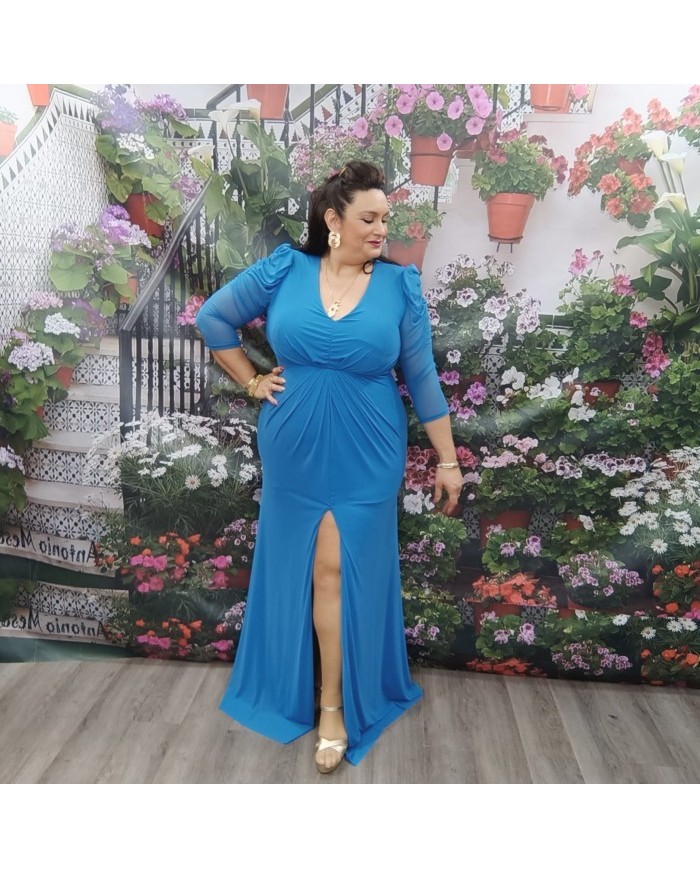 Vestido Cielo Fucsia Tallas Grandes - Drapeado y Manga de Tul