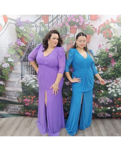 Vestido Cielo Fucsia Tallas Grandes - Drapeado y Manga de Tul