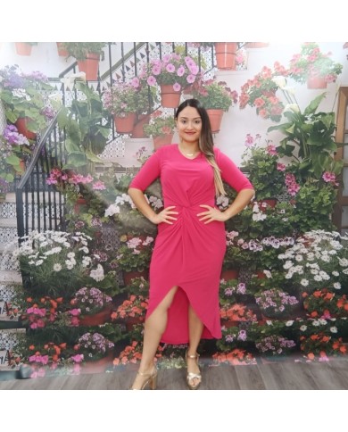 Vestido Sonia Fucsia Midi - Nudo Drapeado y Abertura Invitada