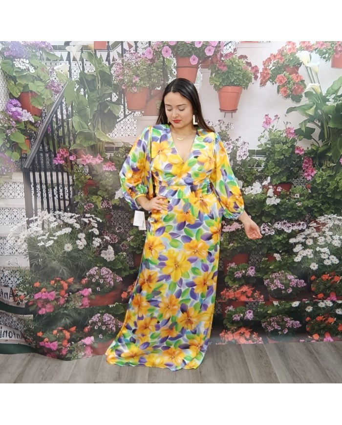 Vestido Verano Maxi Floral - Escote V y Manga Abullonada