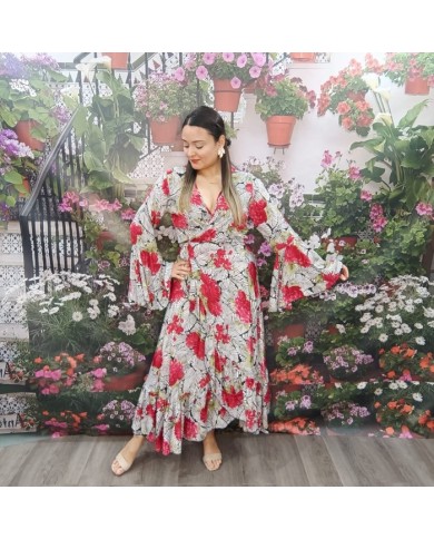 Vestido Selva Maxi Estampado Tropical - Manga Acampanada