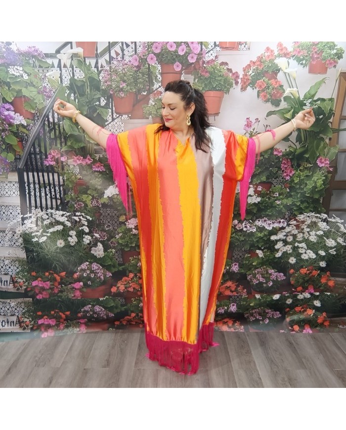 Vestido Amina Kaftán Maxi Tallas Grandes - Flecos y Color Block